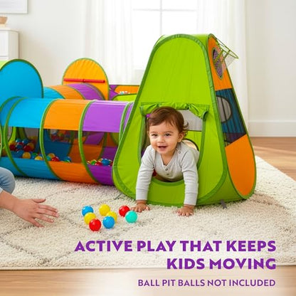Playz 5-Piece Kids Pop up Play Tent Crawl Tunnel and Ball Pit with Basketball Hoop Playhouse for Boys, Girls, Babies, and Toddlers (Purple, Orange, Yellow, Red, Blue) - color: Purple, Yellow, Red, Blue, White