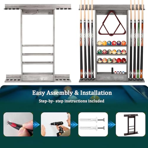 SUPERDIAMOND 8 Pool Stick Holder, Wall Mount Pool Cue Rack for Pool Table Accessories, Made of 100% Solid Wood Billiard Cue Holder Wall Mounted Display Stand for Game Room (Holds 8 Cues & Grey) - size: 8 Cues, style: SU-wa-8 Cue Racks-grey