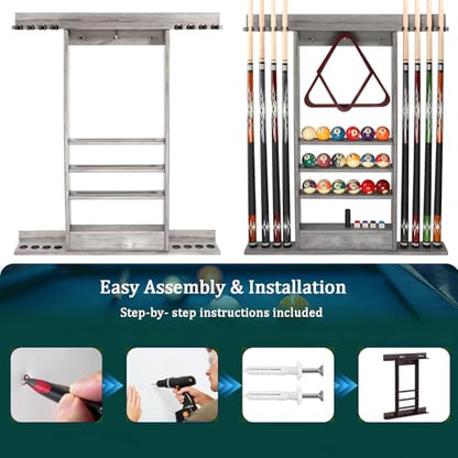 SUPERDIAMOND 8 Pool Stick Holder, Wall Mount Pool Cue Rack for Pool Table Accessories, Made of 100% Solid Wood Billiard Cue Holder Wall Mounted Display Stand for Game Room (Holds 8 Cues & Grey) - size: 8 Cues, style: SU-wa-8 Cue Racks-grey