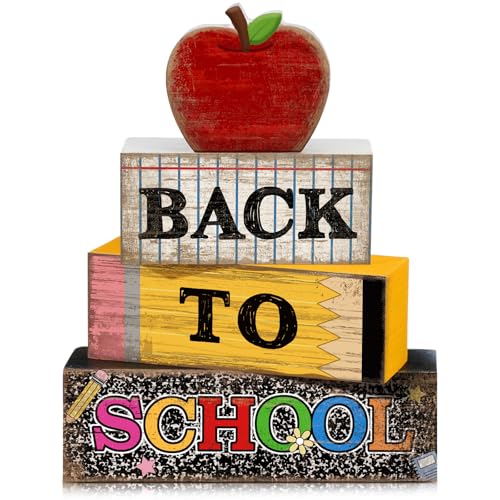 Lineshading 4 Pcs Back to School Table Decorations Retro Red Apples Decor Back to School Tiered Tray Decor Apple Centerpieces Rustic Wood Pencil Block Sign Farmhouse Gifts for Class Party Home Shelf - style: Back to School