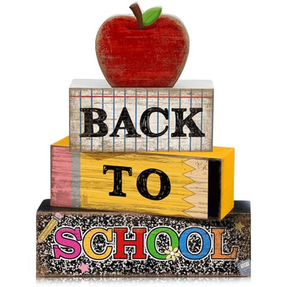 Lineshading 4 Pcs Back to School Table Decorations Retro Red Apples Decor Back to School Tiered Tray Decor Apple Centerpieces Rustic Wood Pencil Block Sign Farmhouse Gifts for Class Party Home Shelf - style: Back to School