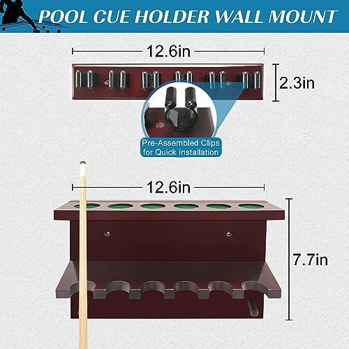 Pool Cue Rack Wall Mount Holder for 6 Sticks - Billiard Table Accessories Organizer, Burgundy - color: Burgundy