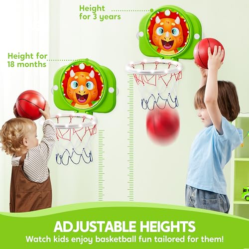 SYNCFUN Mini Basketball Hoop LED Scoring Indoor Hoop with 2 Balls, Indoor Adjustable Height Basketball Hoop, Space-Saving, Christmas Birthday Gifts Toy for Boy Girl Over 18 Months - style: Dinosaur