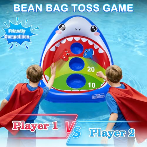AURASUN Kids Fun Pool Toys, Inflatable Shark Pool Cornhole Game Floating, Water Game Outdoor Swimming Pool Games for Kids Adults, Cool Summer Party Gift 3 4 5 6 7 8 9 10 12 Year Boy Girl Teen Family - style: Shark Cornhole Board