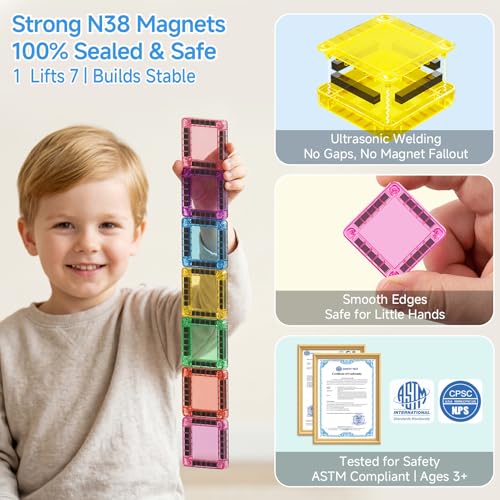 Mini Magnetic Tiles for Kids Travel: 40 PCS Pocket Magnet Building Blocks in Tin Box to Stop Crying - 60 Mins Quiet Play at Church Restaurant - Boys Girls Age 3-8 - style: Candy Color 40PCS