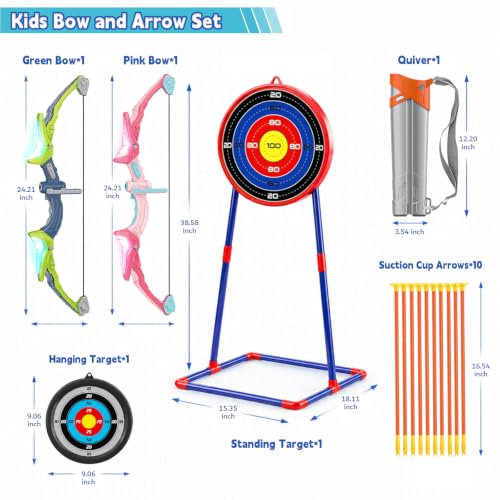 2 Pack Kids Bow and Arrow Set, LED Light Up Archery Set Toy for Kids with 2 Targets, 10 Suction Cup Arrows, Backyard Games, Indoor Outdoor Toys, 5 6 7 8 9 10 Year Old Boy Girl Christmas Birthday Gifts