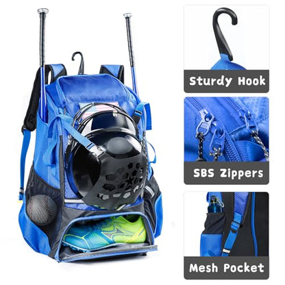 Baseball Backpack for Youth, Boys, Adults - Bat and Softball Equipment Bag With Glove Holder, Helmet, Shoes Compartment - T-Ball Accessories and Baseball Gifts - color: Blue-42L