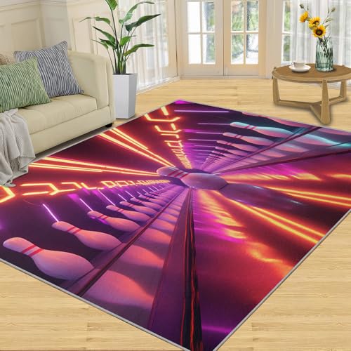 Bowling Rug - 6x9 Area Rugs, Neon Bowling Rugs for Living Room Bedroom, Retro Game Lane Carpet, Arcade Sport Neon Washable Indoor Non-Slip Kids Rug - color: Bowling#35, size: 6' x 9' (Rectangular)