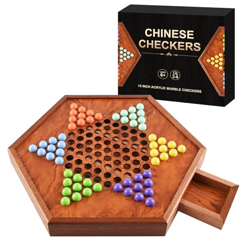 Large Chinese Checkers Upgraded Version Wooden Game Board, 16mm 60+12 Colorful Acrylic Marbles, Easy Grasping for Adults and Kids, with Storage Drawer, Fun for Family Gathering (15in.)
