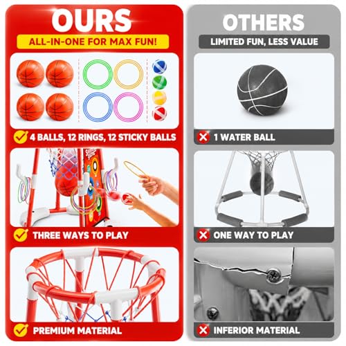 3 in 1 Pool Basketball Hoop & Ring Toss Game for Kids 4-8 8-12 - Floating Pool Toys Set with 4 Basketballs, 12 Rings, 2 Target Boards, 12 Bean Bags, Pump - Backyard Swimming Pool Summer Birthday Gift - color: red