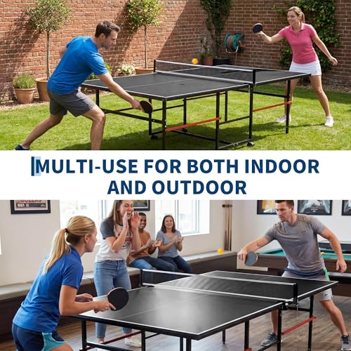 Garvee 8 ft Portable Ping Pong Table, Foldable Indoor Outdoor Table Tennis Set with Net, 2 Paddles and 3 Balls - Professional Game for Adults Teens, Quick Assembly, Single Player Playback Mode