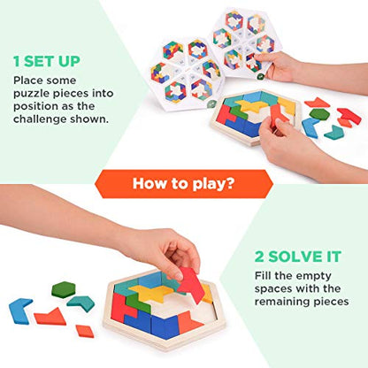 Vanmor Wooden Tangram Puzzle Brain Teaser for Kids Ages 3-8 & Adults, Shape Pattern Block Geometric Logic IQ Game with 60 Challenges, Montessori STEM Educational Gift Toy - color: Hexagon