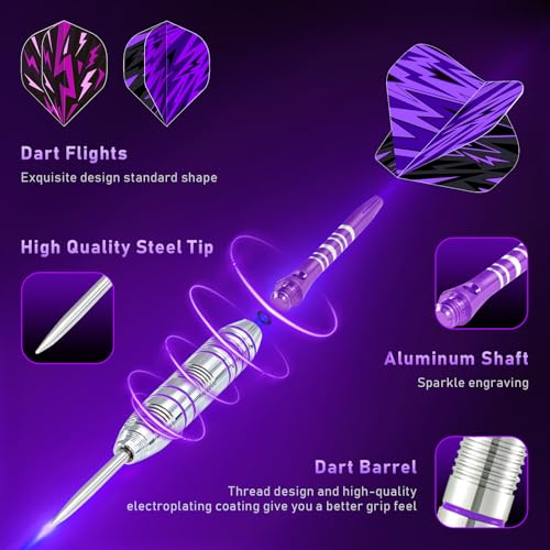 XAWU 3 Pack Steel Tip Darts Set Professional Darts 22g, 24g with 9 Dart Flights 3 Aluminum Shafts 3 Spare Shafts 1 Dart Sharpener 12 Rubber O-Rings Flight Protector and Darts Case - color: 24g Moonlight Purple