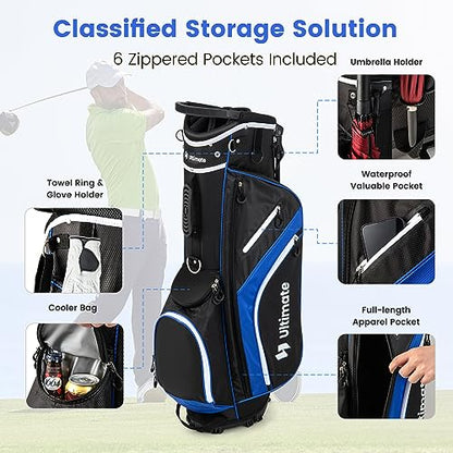 KOTEK Golf Stand Bag, 14 Way Top Divider Golf Club Bag with Cooler, 6 Zippered Pockets, Rain Hood, Adjustable Dual Shoulder Straps & Umbrella Holder, Lightweight Golf Bag for Men Women - color: Blue