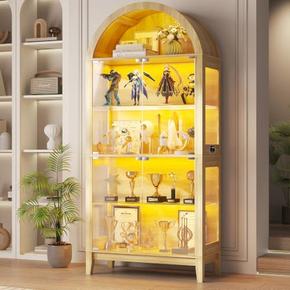 Gurexl 5-Tier Arched Glass Display Cabinet, Motion Sensor RGB LED Showcase with Music Sync Light & Adjustable Shelves, Tempered Glass Curio Cabinet for Action Figures Trophies Collectibles, Wood - color: Wood-80008a