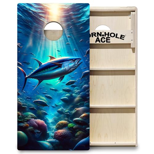 CornholeAce ACE PRO Outdoor, Space, & Underwater Professional Cornhole Boards - No Bounce! Triple Wide Legs, 3/4" Baltic Birch Plywood, Handles, Regulation Size (4x2ft), Tournament Style, Made in USA - color: Tuna Escape, style: Underwater