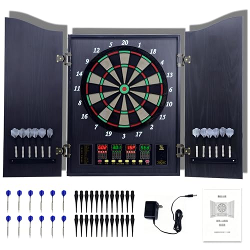 Wall-Mounted Electronic Dart Board Cabinet Set, Double Wood Door Panel Electric Darts Machine with Digital Scoreboard and LCD Display, 12 Soft Tip Darts and 88 Dart Head - color: Black