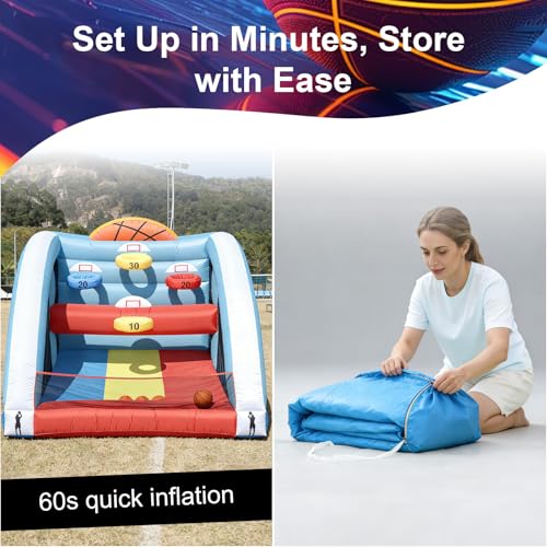 10FT Inflatable Basketball Hoop Game for Kids & Adults - 10x10x10 FT Heavy Duty Oxford Carnival Blow Up Party Zone with 5 Hoops, 4 Balls, Easy Setup Outdoor Backyard Lawn Sports Toy