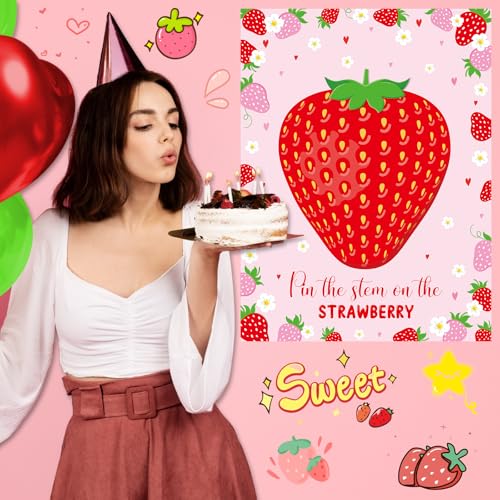 Faccito Strawberry Game Set Pin The Stem On The Strawberry Include Large Poster Blindfold 24 Stickers Berry First Birthday Party Games for Sweet Berry Birthday Party Decorations Activities Supplies - style: Strawberry