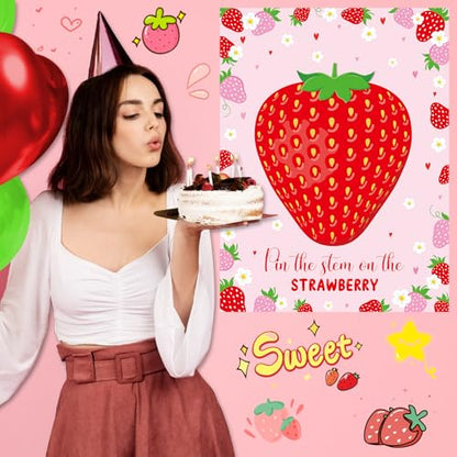 Faccito Strawberry Game Set Pin The Stem On The Strawberry Include Large Poster Blindfold 24 Stickers Berry First Birthday Party Games for Sweet Berry Birthday Party Decorations Activities Supplies - style: Strawberry