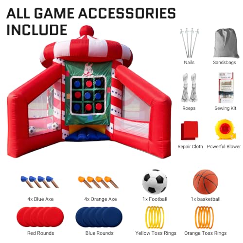 OZIS 5-in-1 Inflatable Carnival Game with Blower, Portable Basketball Hoop, Axe Throw, Soccer Target, Ring Toss, Tic-Tac-Toe for Backyard and Party, White & Red
