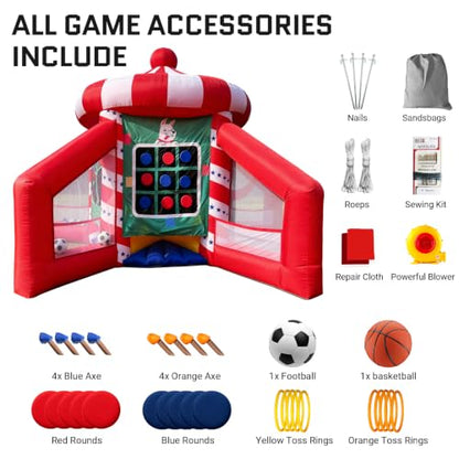 OZIS 5-in-1 Inflatable Carnival Game with Blower, Portable Basketball Hoop, Axe Throw, Soccer Target, Ring Toss, Tic-Tac-Toe for Backyard and Party, White & Red
