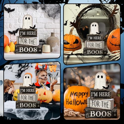 Lineshading 4 Pcs Halloween Table Decoration Wooden Ghost Tiered Tray Decor Rustic Wood Bat Ghost Block Signs Halloween Centerpiece Farmhouse for Home Tabletop Kitchen Shelf and Party Gift - style: Bat Ghost