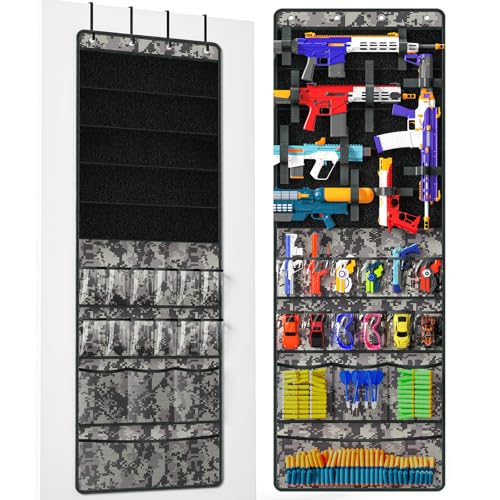 Over The Door Organizer for Toy Guns, Toys Organizer with Pockets, Hook&Loop Straps for Foam Blasters, Darts, Goggles, Hanging Toys Gun Storage for Kid Rooms, Play rooms, Grey Camouflage - color: Grey Camouflage