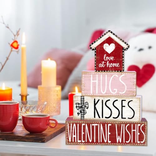 DIYDEC 4Pcs Valentine's Day Table Decoration Valentine House Wooden Block Signs Rustic Valentine Tiered Tray Decor Valentines Day Centerpiece Sign for Farmhouse Holiday Tabletop Home Party Decor - style: Valentine House