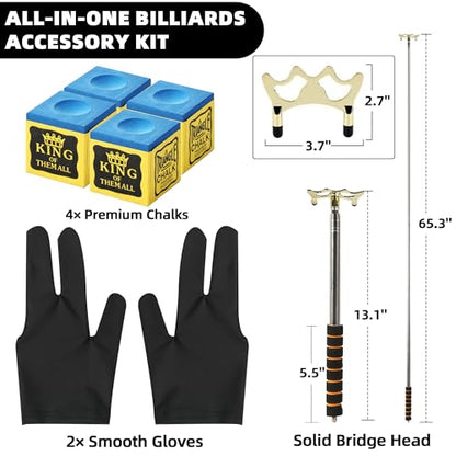 Pool Cue Bridge Head Kit with 2 Billiard Gloves & 4 Cue Chalks – Complete Billiards Accessory Set for Pool Tables, Smooth Stroke Gloves, Premium Cues Chalk, Universal Bridge Head for Precise Shots