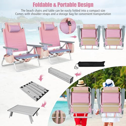Tangkula Backpack Beach Chair with Table, 5-Position Lay Flat Chairs with Cooler Bag, 2 Cup Holders, Towel Bar, Lightweight Low Folding Chair with Backpack Straps, Pink - color: Pink, style: 2 Pack with Table