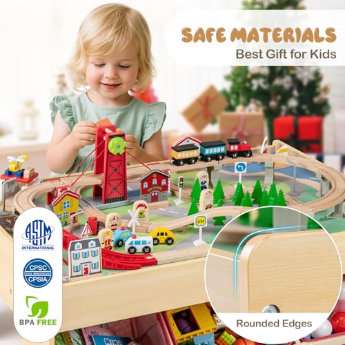 Costzon Train Table, 3-in-1 Wooden Activity Table W/ 3 Storage Bins, Reversible 94 PCS Track Train Toys & Table Map for Building, Playing, Studying, Eating, Kids Train Set Table for Boys Girls Aged 3+ - size: 36" x 25" x 15.5" (L x W x H)