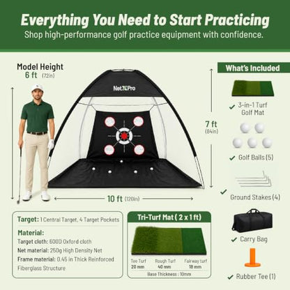 Golf Net for Backyard Practice – 10x7ft Golf Hitting Net with Tri-Turf Mat, Multi-Target Zones, Carry Bag | Golf Practice Net for Driving, Chipping & Swing Training – Indoor & Outdoor Use