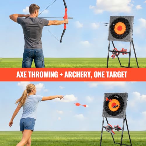 SPOYNAL 5 in 1 Steel Axe Throwing Target Set, Outdoor Target Game with Axes, Throwing Stars, Darts, Lawn Darts, Bow & Arrows, Foldable Steel Frame, Yard Games for Adults, Backyard & Camping