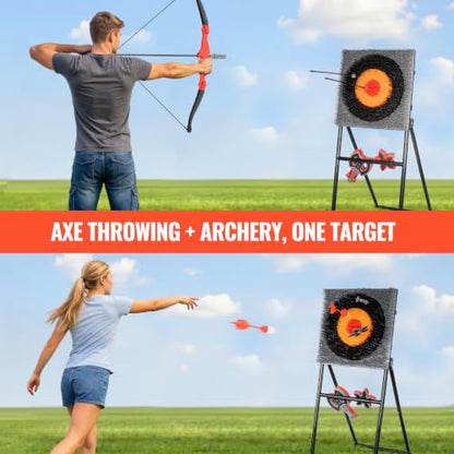 SPOYNAL 5 in 1 Steel Axe Throwing Target Set, Outdoor Target Game with Axes, Throwing Stars, Darts, Lawn Darts, Bow & Arrows, Foldable Steel Frame, Yard Games for Adults, Backyard & Camping