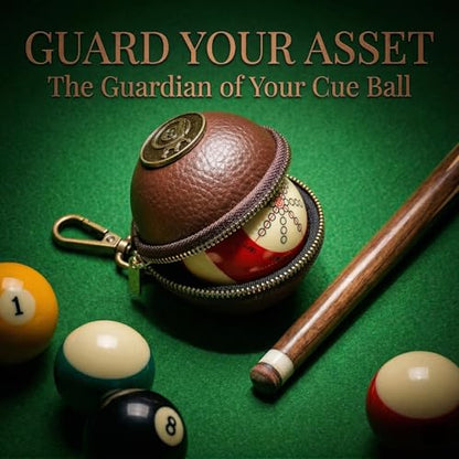 Premium PU Leather Billiard Cue Ball Case with Clip, Durable Synthetic Pool Ball Bag with Zipper & Swivel Snap Hook, Professional Billiard Accessory for 2-1/4" Regulation Size Training Ball