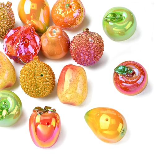 10 pcs Mixed Styles Iridescent Fruit Theme Resin Beads Electroplate Apple Mango Durian Orange Beads for DIY Jewelry Necklace Bracelet Earring Keychain Making Craft Decor - color: Iridescent Fruit Beads-10 pcs