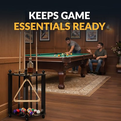 Hathaway Regent 28-in Corner Floor Pool Cue Rack – Solid Wood Billiard Cue Rack with Built-in Drink Holders & Triangle Hook – 10 Pool Stick Holder & Full Ball Set – Black Veneer Finish