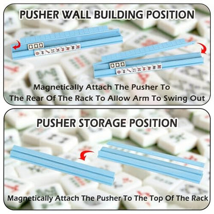 4 PCS Mahjong Racks with Pushers, Blue Wooden Mahjong Racks with Detachable Magnetic Pushers, Mahjong Tile Pushers and Racks, Includes Chips, Dice & Storage Bags, Mahjong Accessories (19.68 Inch) - color: Blue