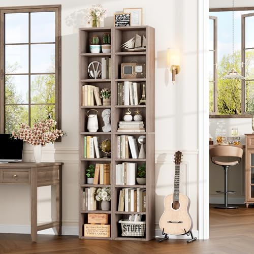 FOTOSOK 8-Tier Media Tower Rack, 11.6 X 9.3 X 70.9 Inches CD DVD Slim Storage Cabinet with Adjustable Shelves, Tall Narrow Bookcase Display Bookshelf for Home Office, Oak - color: Oak