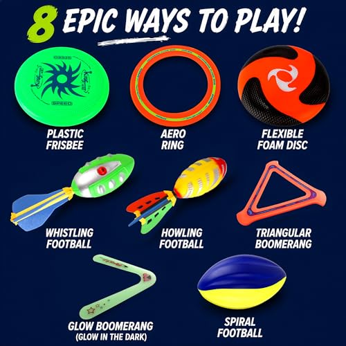 8-in-1 Sports Combo Play Set - Ultimate Outdoor Family Backyard Games with Foam Football, Flying Discs, Aero Rings, Boomerang, Whistling Missiles – Throw & Catch Fun Activities for Kids