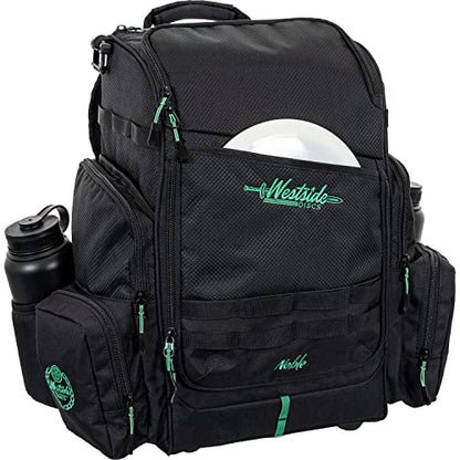Westside Discs Noble Disc Golf Backpack | Large Frisbee Golf Bag | Main Compartment Holds up to 22 Discs | Extra Space on Sides for Accessories (Black)