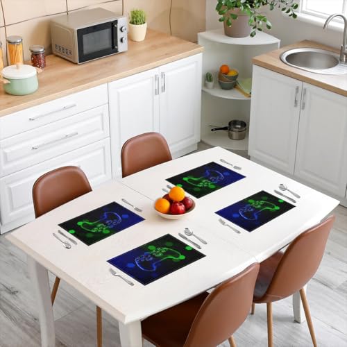 Erosebridal Boys Gaming 4 PCS of Placemats 12x18 Video Game Place Mat for Dining Table Hexagon Spots Honeycomb Non Slip Table Mats Modern Blue Green - color: Blue Green