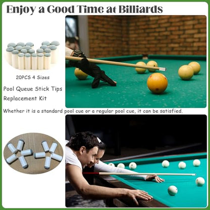 20pcs Slip On Pool Cue Tips, 4 Sizes Pool Queue Stick Tips Replacement Kit, Billiard Cue Sticks Tips Pool Cue Repair Kit Pool Table Accessories (9mm/ 10mm/ 12mm/ 13mm, Each Size 5pcs)