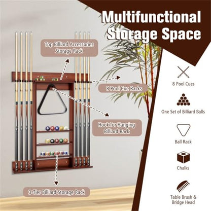 Wall-Mounted Billiards Cue Rack, Wooden Pool Stick Holder 8 Cues & 16 Balls and 5 Storage Compartments, for Game Room Billiard Room Decor Club Pool Table Accessories