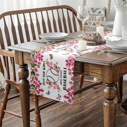 Erosebridal Cartoon Baseball Table Runner,Sports Game Lover Table Runners,Garden Wildlife Rectangular Runner Tabletop Decor,Pink White,13x90 Inch - size: 13" X 90"