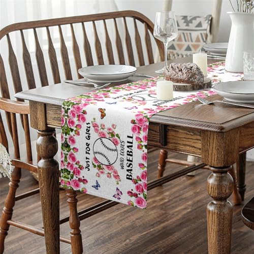 Erosebridal Cartoon Baseball Table Runner,Sports Game Lover Table Runners,Garden Wildlife Rectangular Runner Tabletop Decor,Pink White,13x72 Inch - size: 13" X 72"