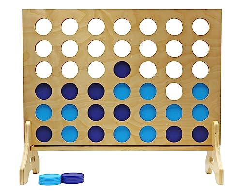 Giant 4 in a Row Game for Family & Adults – Tailgating Pros Jumbo Natural Wooden Four in a Row Indoor Outdoor Yard Game for Family Party Fun, Portable Activities for Patio, Backyard, and Camping - color: Blue / Turquoise