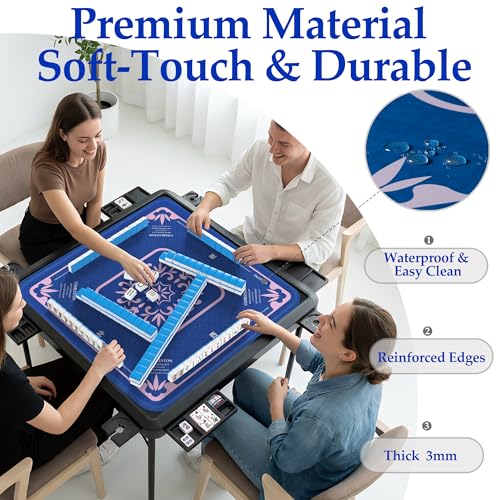 Blue Mahjong Mat for Table, American Mahjong Mat with Rules, 32.4x32.4 in 3MM Non-Slip Noise-Reducing Neoprene Table Cover with Carrying Bag for Mah Jongg, Poker, Card Games - color: Blue With Rules