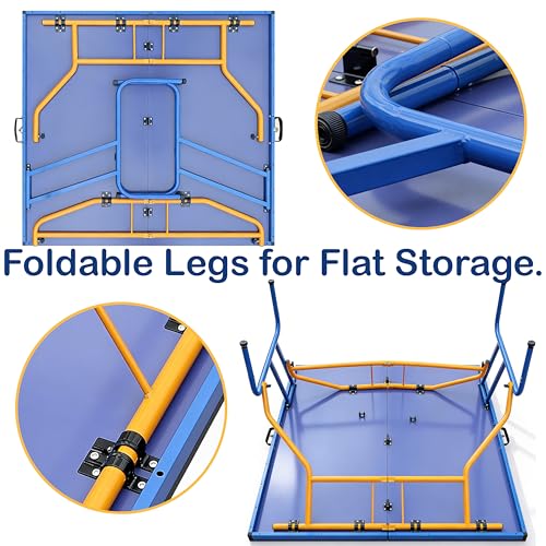 Generic Blue Folding Rolling Table Tennis Table Indoor and Outdoor Table Tennis Table, 2 Rackets, 3 Balls, 1 Net and 4 Wheels Set Behind It for Easy Movement